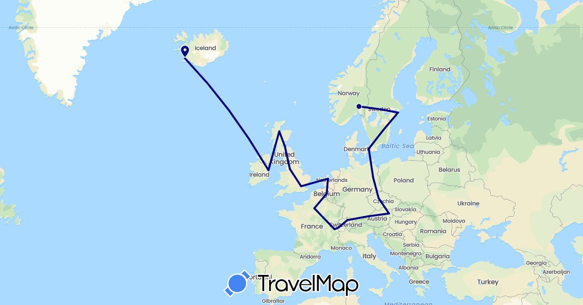 TravelMap itinerary: driving in Austria, Belgium, Switzerland, Czech Republic, Germany, Denmark, France, United Kingdom, Ireland, Iceland, Netherlands, Norway, Sweden (Europe)